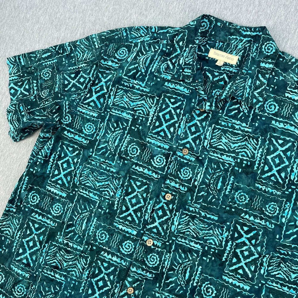 Vintage Territory Ahead Shirt Mens L Blue-Green Batik Tribal Abstract Tropical